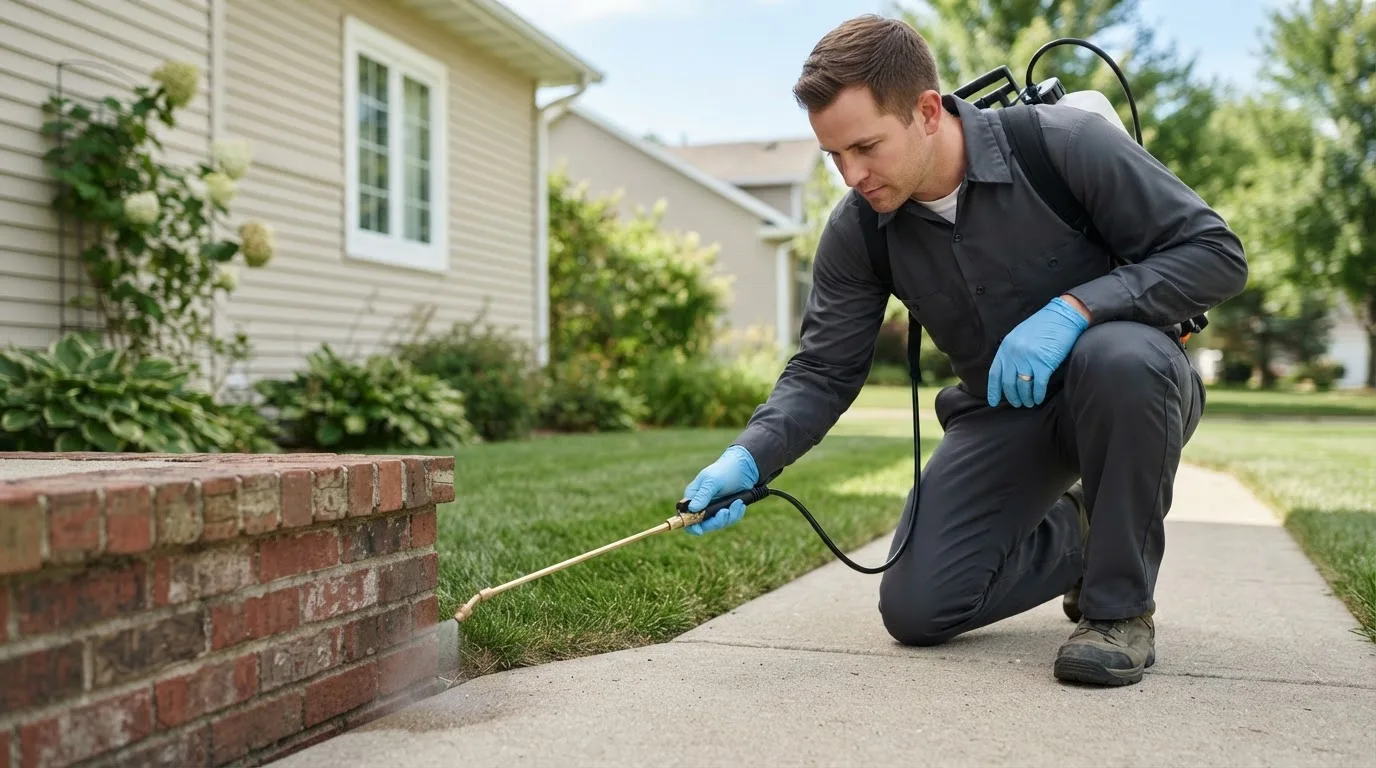Pest control technician treating a home near Ballico, CA